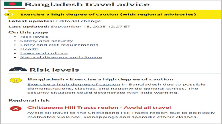 বাংলাদেশ ভ্রমণে উচ্চমাত্রার সতর্কতা জারি করল কানাডা