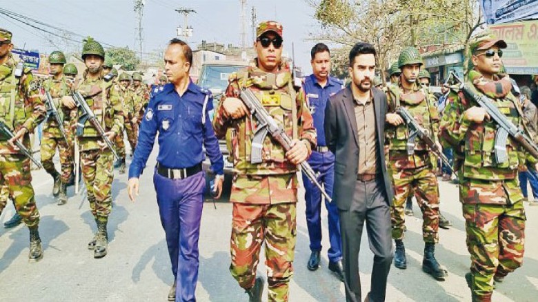নির্বাচন ও গণভোট সুষ্ঠ করতে ধনবাড়ীতে যৌথ বাহিনীর মহড়া অনুষ্ঠ